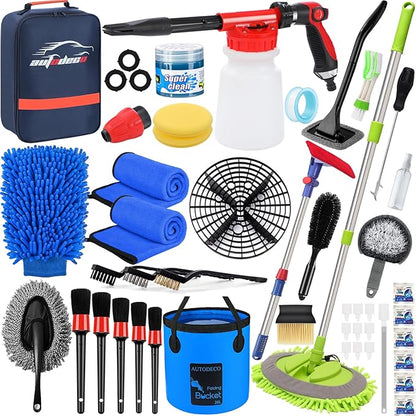 AUTODECO 44Pcs Car Wash Detailing Kit Cleaning Kits with Foam Gun Sprayer Wash Mop with Long Handle Collapsible Bucket Large Wash Mitt Towels Complete Interior Exterior Car Washing Supply Set Blue