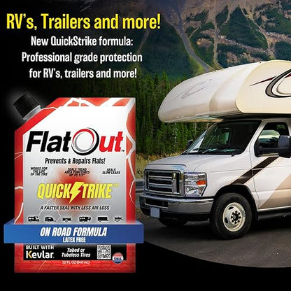 FlatOut QuickStrike Tire Sealant On Road Formula - Prevent Flat Tires, Seal Leaks, Contains Kevlar, 32-Ounce Bag
