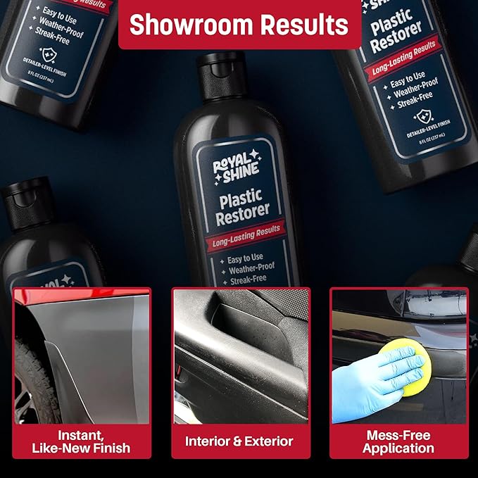 ROYAL SHINE Plastic Restorer for Long-Lasting, Deep Black Results – Restores Faded Plastic, Rubber & Vinyl with UV Protection, Non-Greasy Formula + Foam Applicator, 8oz