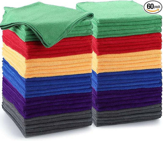 Nuenen 60 Pcs Microfiber Cleaning Cloths for Cars 16 x 16 Inch Ultra Absorbent Car Towels Drying Reusable Cleaning Supplies House Kitchen Window Microfiber Towel (6 Color)