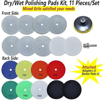 7 Inch Dry Diamond Polishing Pads, 11PCS Wet/Dry Granite Stone Buffing Pad Kit for Marble Concrete Quartz Tiles - High Temperature Resistance Sand Disc for Drill Grinder Polisher