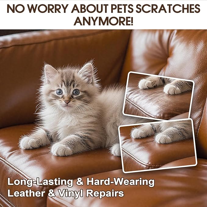 Brown Leather & Vinyl Repair Kit for Furniture, Car Seats, Couch, Purse - Fix Scratches, Tears, Fading on Genuine, Faux, Artificial Leather - Super Easy Instructions with Color Mixing Guide