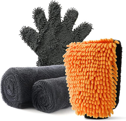 2Pack1300 microfiber towels for cars 36“ x 24” & 24“ x 16” and 2 Double Sided Car Wash Mitts Set, Super Absorbent, Scratch-Free, Reusable, For Car Detailing, Washing, Waxing, Motorcycle, Windows