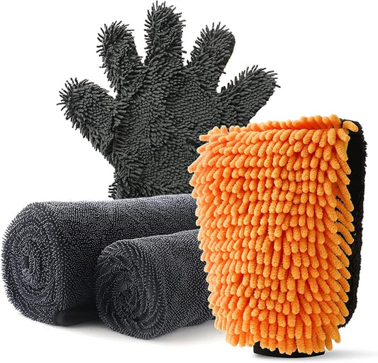 2Pack1300 microfiber towels for cars 36“ x 24” & 24“ x 16” and 2 Double Sided Car Wash Mitts Set, Super Absorbent, Scratch-Free, Reusable, For Car Detailing, Washing, Waxing, Motorcycle, Windows