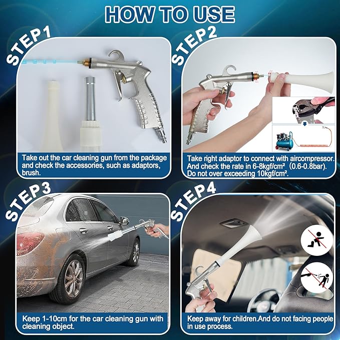 Senduzll Tornado Car Cleaning Gun, Dry Car Detailing Tools, Aluminum Alloy Bearing Nozzlefor, Car Quickly Blasts Dirt and Dust Works with Air Compressor (Silver)
