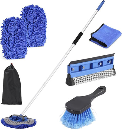 Car Wash Brush with Long Handle, 60'' Car Wash Mop, 7Pcs Chenille Microfiber Cars Washing Kit with Window Squeegee/Microfiber Towels /Wheel Brush for Cars RV Truck Boat Floor Window, Blue