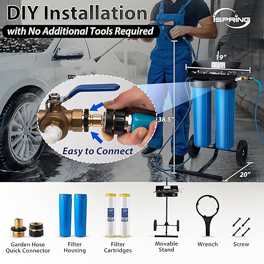 iSpring Spotless Water System for Car Wash, Deionized Water System with Bypass Valve & Rolling Cart, Spot Free Solutions for All Vehicles, Motorcycles, RV, Bikes, Boats, and Yachts, Model: WGB22BD-BP