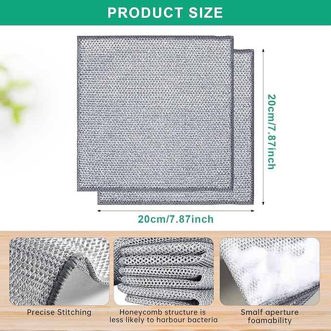 BTIFU 10Pcs Multipurpose Wire Dishwashing Rag, Reusable Non-Scratch Wire Dishcloth, Metal Dish Cloth Wet and Dry for Kitchen Cleaning, Sinks, Dishes, Stove Top, Dimensions(7.87X7.87)