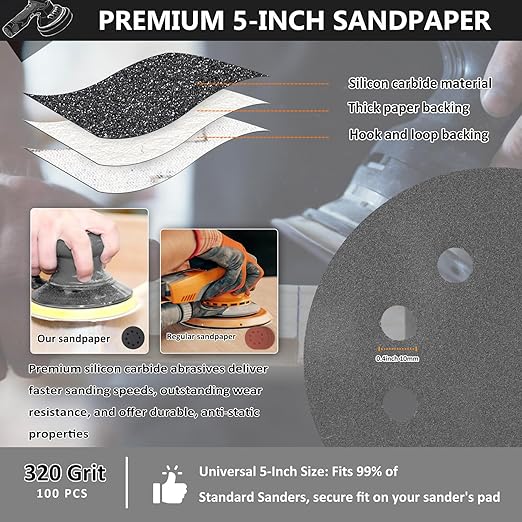 100PCS 5 Inch Hook and Loop Sanding Discs 320 Grit, 8 Hole Wet Dry Orbital Sander Sand Paper, Silicon Carbide Sandpaper for Automotive Wood Metal Glass