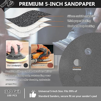 100PCS 5 Inch Hook and Loop Sanding Discs 320 Grit, 8 Hole Wet Dry Orbital Sander Sand Paper, Silicon Carbide Sandpaper for Automotive Wood Metal Glass