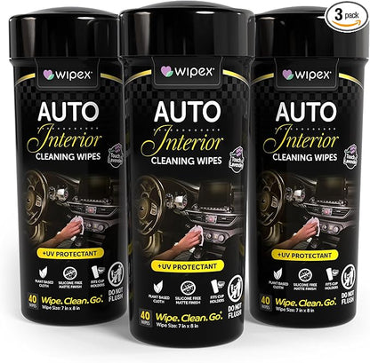 Wipex Auto Interior Car Cleaning Wipes - Plant Based Car Wipes - Lavender Essence, UV Protectant, Safe for Vinyl, Rubber, Plastic, Leather, Chrome, Non-Greasy Matte Finish, 40 Count (Pack of 3)