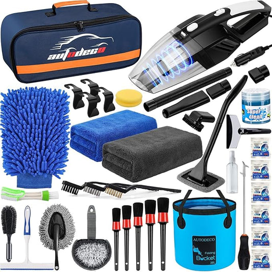AUTODECO 41Pcs Car Cleaning Wash Kit Interior Detailing Cleaner Kit with High Power Handheld Vacuum, Collapsible Bucket, Windshield Tool, Snow Shovel, Tire Brush, Complete Car Care Tools, Blue