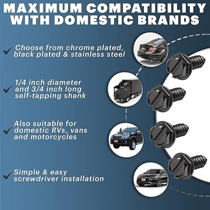 License Plate Screws with Rustproof Finish - License Plate Screw Kit for Front & Rear Plates - License Plate Bolts for Domestic Vehicles - Stainless Steel Screws for License Plates (4-Pack, Black)