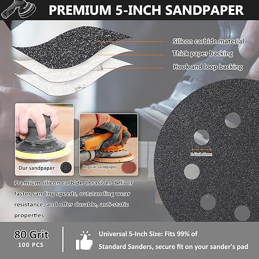 100PCS 5 Inch Hook and Loop Sanding Discs 80 Grit, 8 Hole Wet Dry Orbital Sander Sand Paper, Silicon Carbide Sandpaper for Automotive Wood Metal Glass