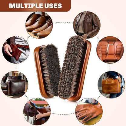 2 Pcs Horsehair Shine Shoes Brush Kit Polish Dauber Applicators Cleaning Leather Shoes Boots Care Brushes Suede Cleaner Brush(Brown Concaved Brush)