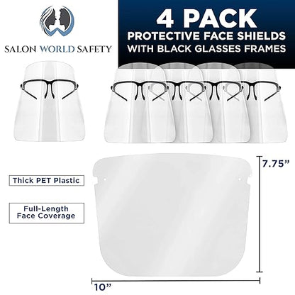 TCP Global Salon World Safety Face Shields with Black Glasses Frames (Pack of 4) - Ultra Clear Protective Full Face Shields to Protect Eyes, Nose, Mouth - Anti-Fog PET Plastic, Goggles