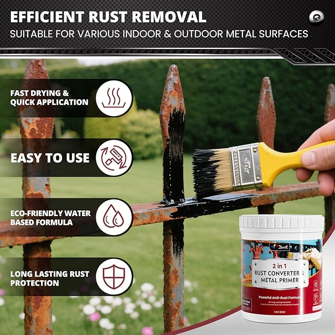DWIL Rust Converter for Metal, 2 in 1 Rust Converter Paint and Primer, Converts Rust to Long-Lasting Protective Coating, Anti Rust and Rust Prevention Paint, No Sanding or Primer Needed, Black, 16 oz