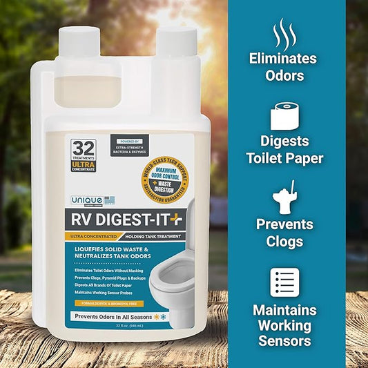 Unique RV Digest-It Ultra RV Toilet Treatment, 32 Uses, Super Concentrated, Eliminates Smells, Liquifies Waste, Easy-Measure Preventive Bio-Enzymatic Holding Tank Treatment, Package May Vary (32 oz)