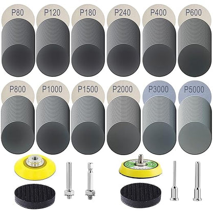 240Pcs 2 Inch Sanding Discs, Assorted 80 to 5000 Grit Silicon Carbide Hook & Loop Sandpaper with 1/4" 1/8" Shank Sanding Pads and Foam Buffering Pad for Wood Metal Car (2 inch 80-5000 Grit)