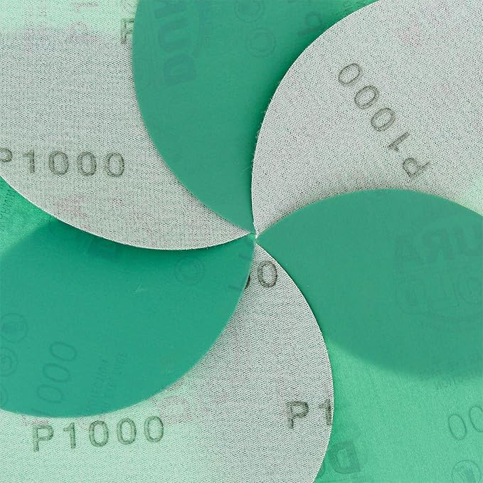 Dura-Gold Premium 5" Green Film Sanding Discs - 1000 Grit (Box of 50) - Hook & Loop Backing Sandpaper Discs for DA Sanders, Finishing Extra Fine Cut Abrasive - Sand Automotive Paint, Woodworking Wood