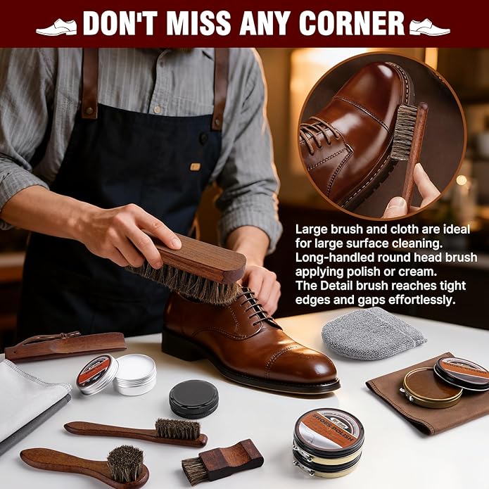 15-in-1 Shoe Shine Kit & Leather Polish Set with 4 Horsehair Brushes, Black Brown Neutral Wax, Mink Oil, 3 Cloths Shine Sponges Boot Care Cleaning Mens Valentines Day Gifts with Portable Leather Case
