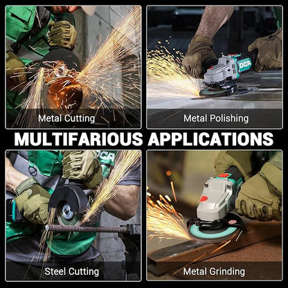 DCA Cordless Angle Grinder 4-1/2 inch, 20V Brushless Motor 8500RPM, Battery Grinder Tool-Free Guard, 4.0Ah Battery & Charger, Power Electric Cut Off Tool with 6 Discs for Cutting, Grinding, Polishing