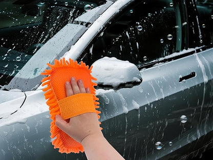 WAKALALA Microfiber Car Wash Mitt, Dual-Sided Cleaning Glove, High-Density Chenille, Non-Scratch Cleaning Sponge (1, Orange)