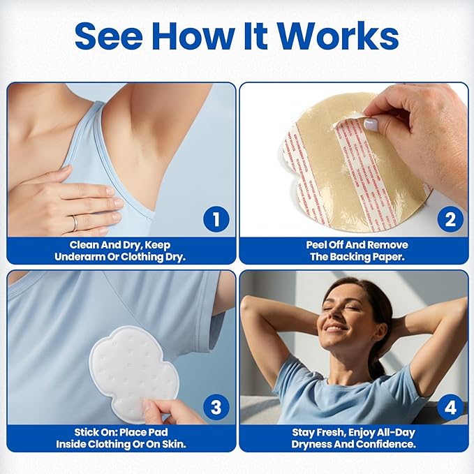 Underarm Sweat Pads for Men and Women – Disposable Armpit Shields to Combat Sweat. Regain Your Confidence with Our Easy-to-Use Underarm Pads Designed for All-Day Protection.