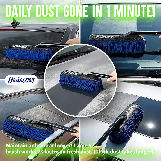 Flash Dog Wood Car Duster & Interior Brush Kit | Scratch-Free Waterless Exterior/Interior Cleaning for Car, SUV, Truck, RV | Waxed Cotton & Microfiber