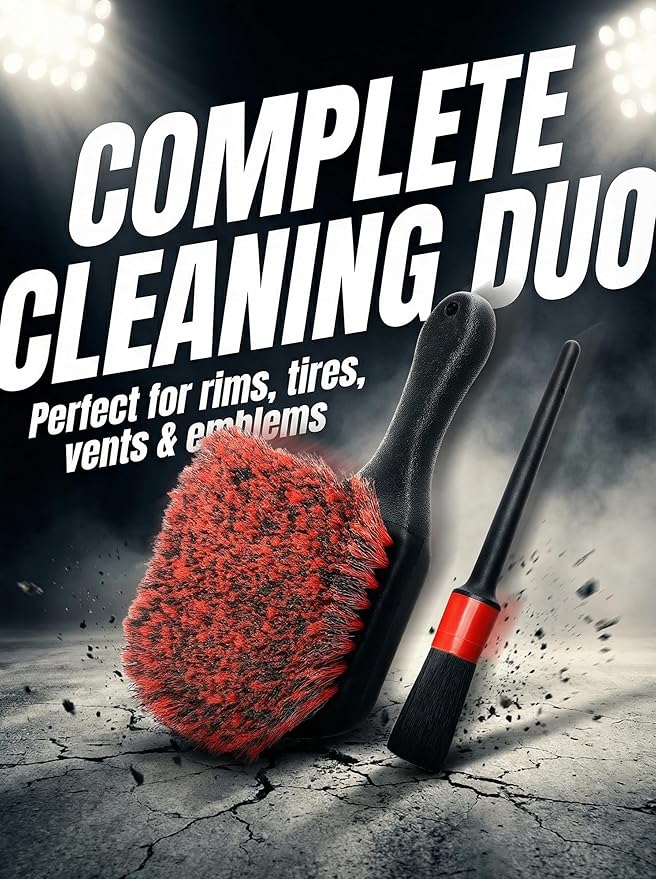TAKAVU Wheel Tire Brush - Soft Bristle with Short Handle, Included Detailing Brush - Car Cleaning Kit for Rims, Tires, Interior Vents, Emblems - Scratch Safe