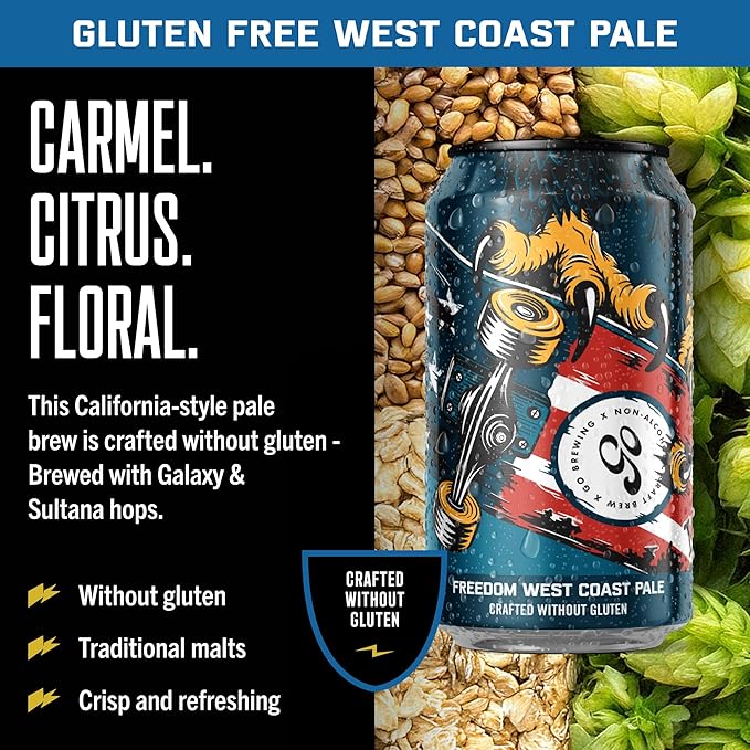 Go Brewing - Freedom West Coast Pale, Amber, and Hazy IPA Non-Alcoholic Craft Beer - Small Batch Brew with Classic Ingredients - Low-Calorie & Crafted Without Gluten - Bold, Balanced Taste (12 Oz, 12 Cans)
