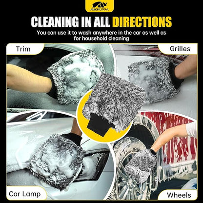 MIKKUPPA Microfiber Car Wash Mitt - Double-Sided Ultra Absorbent Scratch Free Premium Blend Glove for Car Washing Home Cleaning (Black, 2Pack, 11'' x 8'')
