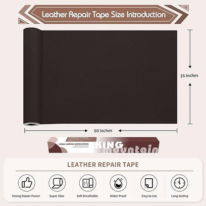KING MOUNTAIN Leather Repair Patch,16 x 60 Inches self Adhesive Leather Repair Tape for Damaged Leather Furniture, Sofa Seating,Car Seats, Leather Goods(Dark Brown)