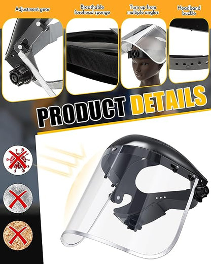 Copkim 2 Safety Face Shield for Grinding and Cutting with 10 Replacement Clear Visor Full Impact Resistant Face Shield Protection Mask for Work Construction Weed Whacking Woodworking (Aluminum Edge)