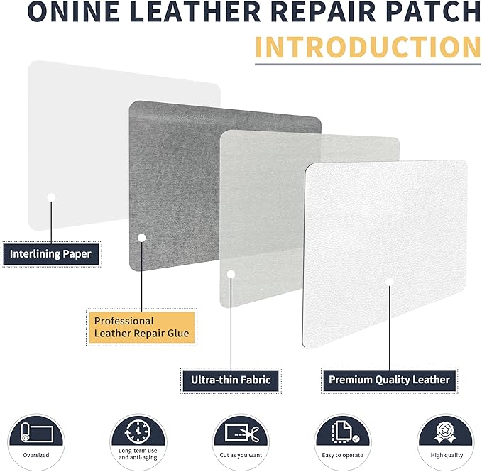 ONine Leather Repair Patch，Leather Repair Tape, 8 x 48 inches Leather Repair Patch for Furniture,Vinyl Repair kit，Leather Couch Patch，for Sofas, Furniture, car Seats(White-Litchi Grain)