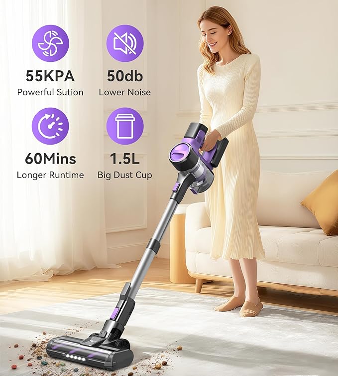 Yassol S10 Cordless Vacuum Cleaner, 55Kpa 60mins Lightweight Stick Vacuum with Powerful Suction for Home, Rechargeable, Self-Standing, Handheld Vacuum Cleaners for Hardwood Floors, Carpets, Purple
