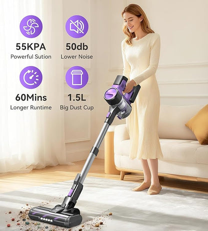 Yassol S10 Cordless Vacuum Cleaner, 55Kpa 60mins Lightweight Stick Vacuum with Powerful Suction for Home, Rechargeable, Self-Standing, Handheld Vacuum Cleaners for Hardwood Floors, Carpets, Purple
