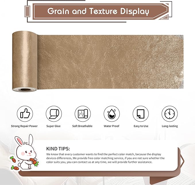 KING MOUNTAIN Leather Repair Patch,4 x 63 Inches self Adhesive Leather Repair Tape for Damaged Leather Furniture, Sofa Seating,Car Seats, Leather Goods（Khaki）