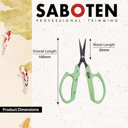 Saboten Fluorine Coated Straight Blade Trimming Scissors Green PT-1 160mm Precision Gardening Bonsai and Floral Shears Made in Japan