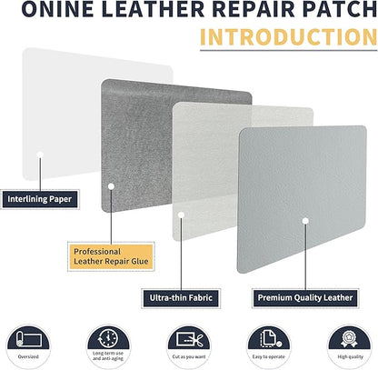 ONine Leather Repair Tape,Self Adhesive Leather Repair Patch,Leather Patches for Furniture,Sofa,Car Seats,Office Chair. Vinyl Repair Kit 8x48in(Blue Gray-Litchi Grain)