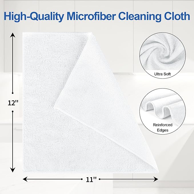 HOMERHYME Microfiber Cleaning Cloth, 12 Pack White Cleaning Rags,12" X 11" Lint Free Dish Towels Wash Cloths, Reusable Microfiber Towels for Home and Kitchen Bathroom Apartment Cleaning Supplies