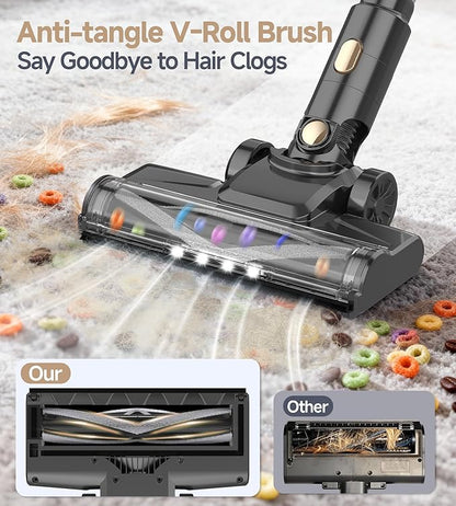 Hivroo N17 Cordless Vacuum Cleaner, Upgraded Lightweight Stick Vacuum for Home, 45mins Runtime, Powerful Suction, Self-Standing, Anti-tangle, Rechargeable Vacuum for Hard Floor Carpets Pet Hair (Gold)