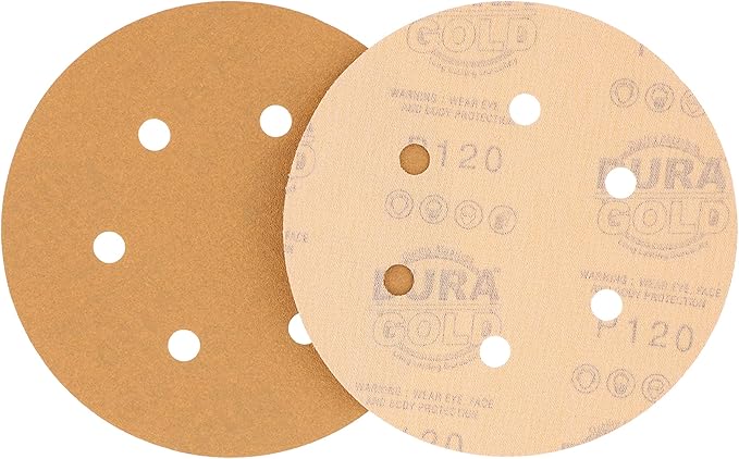Dura-Gold Premium 100 Grit 6" Gold Sandpaper Discs, 6 Hole Pattern Dustless, Box of 50 - Hook & Loop Backing for DA Sander, Finishing Coarse Sanding Abrasive Automotive Paint, Woodworking Wood, Metal
