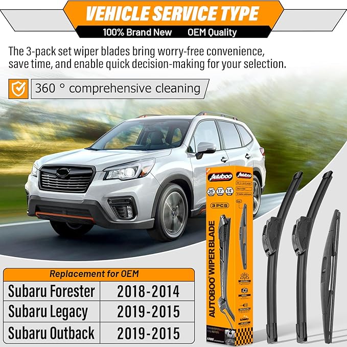 AUTOBOO 26"+17" Windshield Wipers with 14" Rear Wiper Blade Replacement for 2014-2018 Subaru Forester Outback Legacy 2015-2019 -Original Factory Quality (Pack of 3)