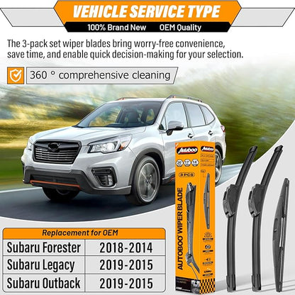 AUTOBOO 26"+17" Windshield Wipers with 14" Rear Wiper Blade Replacement for 2014-2018 Subaru Forester Outback Legacy 2015-2019 -Original Factory Quality (Pack of 3)