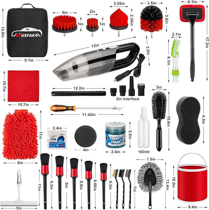 GPUSFAK 44Pcs Car Wash Cleaning Kit with Detailing Brushes Car Vacuum Drill Brush Set Collapsible Bucket Windshield Cleaning Tool Tire Brush Towels Complete Interior Exterior Detailing Set for Car