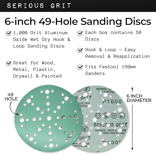 Serious Grit - 6-Inch 49-Hole 1000 Grit Sanding Discs - Heavy-Duty Hook & Loop Film Discs - Sandpaper for Random Orbital Sanders - 50 Pack Box