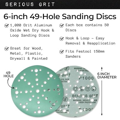 Serious Grit - 6-Inch 49-Hole 1000 Grit Sanding Discs - Heavy-Duty Hook & Loop Film Discs - Sandpaper for Random Orbital Sanders - 50 Pack Box