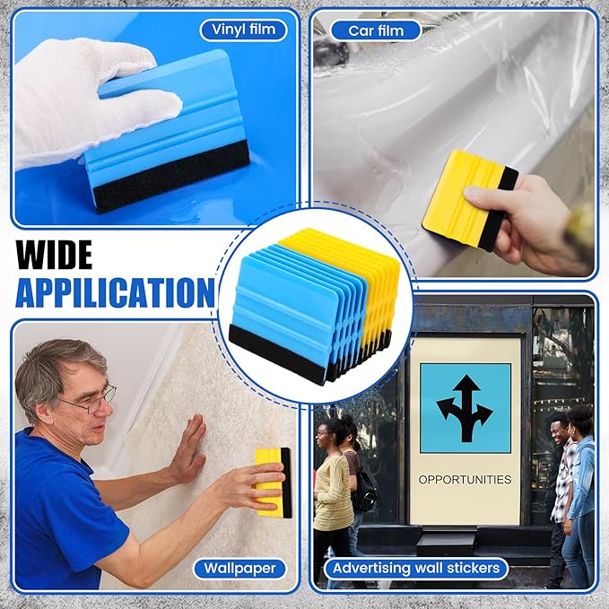 Lasnten 100 Pcs Squeegee for Vinyl Decal Tools 4 Inch Felt Edge Squeegee for Car Window Windshield Glass Cleaning Tool Vinyl Scraper Applicator Tool with Black Fabric Felt Edge, Blue Yellow