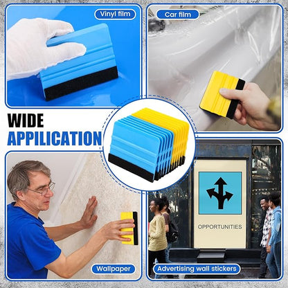 Lasnten 100 Pcs Squeegee for Vinyl Decal Tools 4 Inch Felt Edge Squeegee for Car Window Windshield Glass Cleaning Tool Vinyl Scraper Applicator Tool with Black Fabric Felt Edge, Blue Yellow